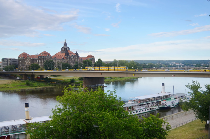 5 - A view from Brühl's Terrace looking across the Elbe River toward the Carola Bridge and the Saxon State Chancellery building in Dresden